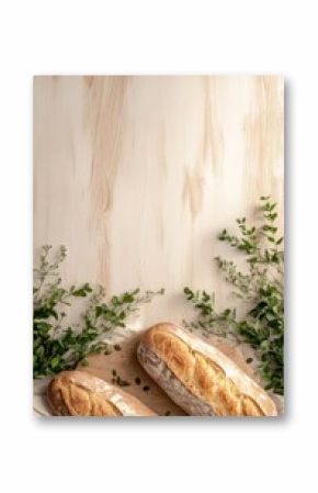 Fresh loaves of bread on a light wooden surface with herbs