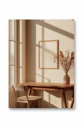 Warm sunlight streams into a cozy corner office, illuminating a wooden desk and chair.  Dried pampas grass adds a touch of rustic charm