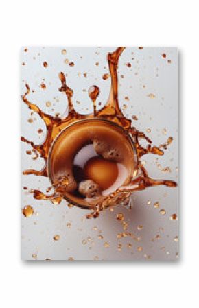 Dynamic splash of brown liquid from a glass, captured in a captivating still life. Energy & refreshment in one photo!  drink
