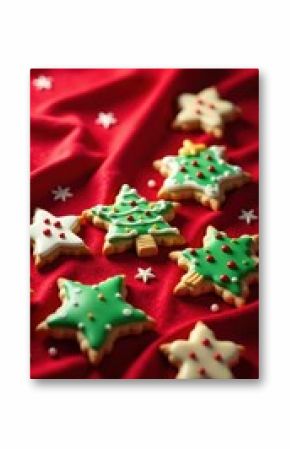 Abstract Christmas cookies on red velvet, festive backdrop, velvet texture, cookie texture, delicious