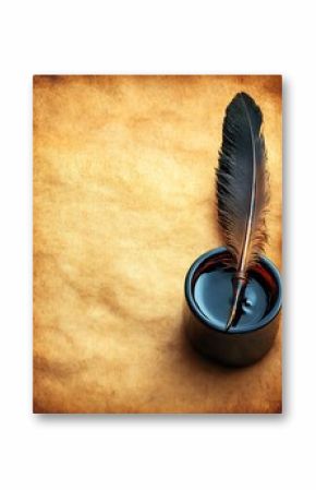 Quill pen stands upright in an inkwell against aged paper