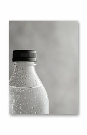 Close-up of a water bottle with condensation on a grey background.