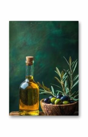 Golden olive oil and olives in a serene still life display