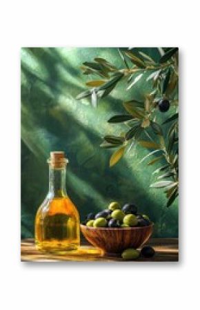 Golden olive oil and olives in a serene still life display