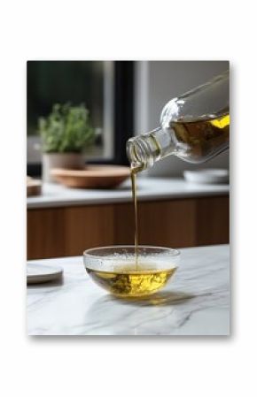 Pouring Olive Oil Into Bowl in Modern Kitchen Setting with Natural Light