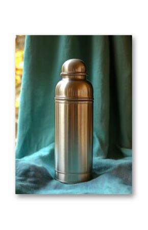 Silver thermos with teal backdrop.