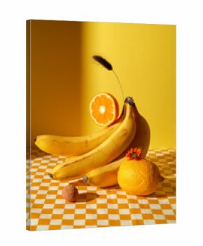 Bananas, orange and lemon on checkered tablecloth. Natural still life