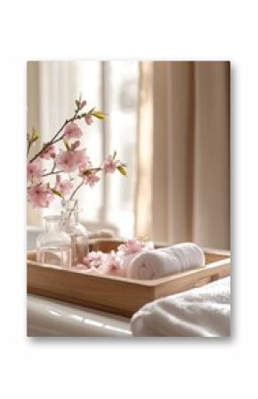 Bathroom Tray with Flowers and Rolled Towels in Gentle Sunlight