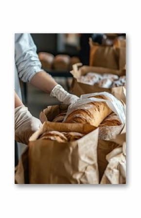 Artisan Baker Packing Freshly Baked Crusty Loaves of Bread into Brown Paper Bags for Delivery or Retail Sale Delicious Golden Brown Wheat Bread Rustic Bakery Scene loaf food oven meal hands lunch     