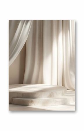 Soft, neutral, minimalist scene with a round marble platform, draped with sheer white fabric, bathed in natural light