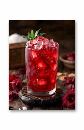 Refreshing Gambian Wonjo Juice with Ice and Hibiscus Flowers Still Life
