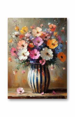 Post Impressionism Still Life Flowers Striped Vase Bold Brush Strokes Warm Light