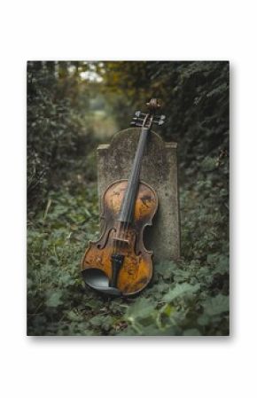 Ornate violin rests on a grave in a forest