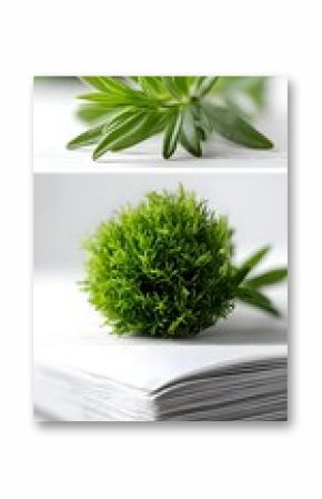Fresh green herbs and moss on a clean white surface