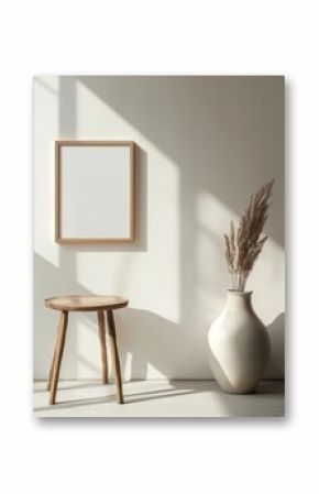 Minimalist, sun-drenched room with wooden frame, stool and vase