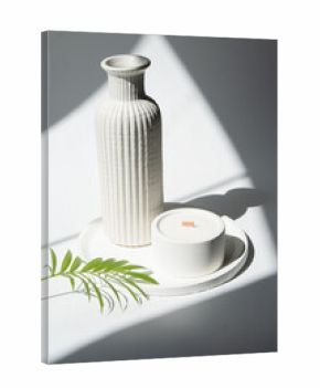 Trendy modern still life with ceramic vase and round tray