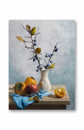 Wonderful still life with persimmons, vase and berries. Good illustration for book, journal or postcard.