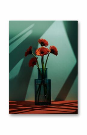 Vertical still life shot of fresh orange gerbera flowers in vintage glass vase against bluish green wall background in gobo lighting