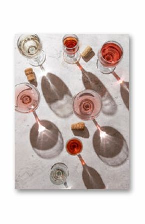 Wine glasses on grey background. Direct sunlight, aesthetic still life