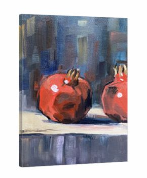 Vertical shot of an oil painting depicting a still life of pomegranates