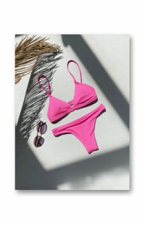 Pink swimsuit and sunglasses. Summer clothes Still life