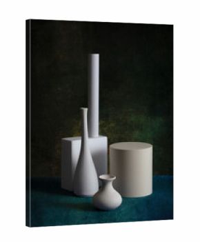 Still life with white vases and white figures