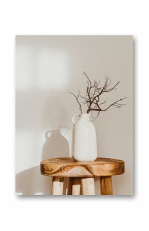 Modern minimalist style interior with ceramic vase with branch on wood table