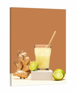 Ginger drink on white podium. Modern still life with Lime and ginger. Creative layout - refreshing ginger drink and lime. Creative summer concept. 