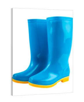 A Pair of blue and yellow rubber boots isolated on white background, Saved clipping path.