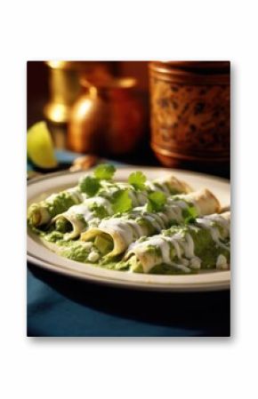 A stilllife photograph captures a familystyle platter of enchiladas suizas. These enchiladas reveal their Swiss influence with a harmonious blend of flavors. Tender pieces of grilled chicken