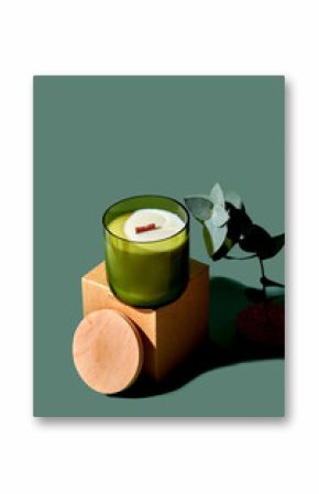 Creative minimalist composition with a candle with packing, eucalyptus on a green background. Mockup for candle makers.