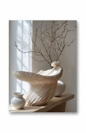 Abstract vase, twig in a vase, room decor in natural colors, muted colors, generative AI.