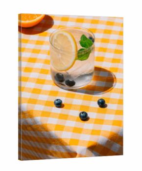 Refreshing Lemon Blueberry Drink on Checkered Tablecloth