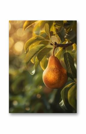 Pear hanging from tree in sunlight