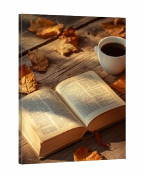 Cup of hot black coffee, open old book, autumn leaves on light wooden background, top view. Sun rays, falling shadows. Aesthetic pastel autumn still life