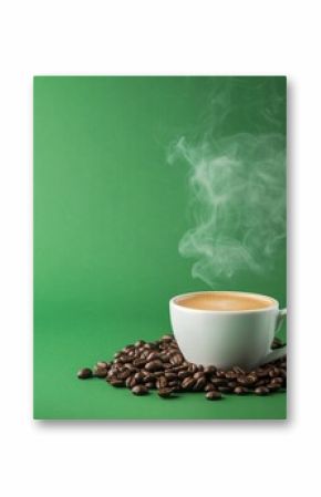 A steaming white cup of coffee next to a mound of coffee beans on a vibrant green background