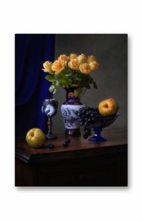 Still life with splendid bouquet of yellow roses