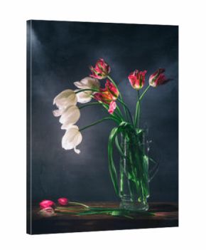 Classic still life with beautiful red and white tulip flowers bouquet in transparent glass vase. Art photography.