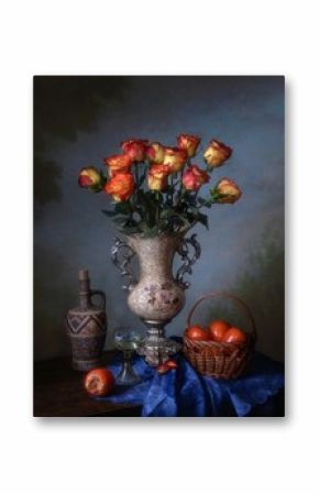 Still life with amber roses and persimmons