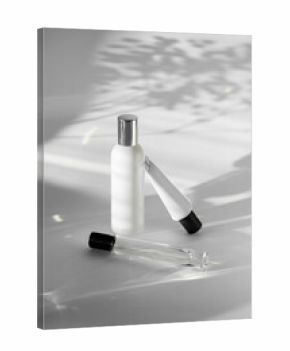 Aromatic Perfume bottles on white  desk at background.   Still life beauty. Blog