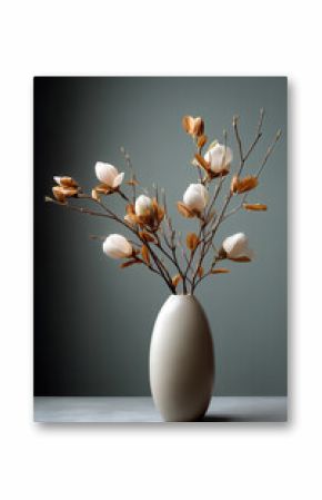 Watercolor painting of magnolia tree branch in tall minimalist ceramic vase featuring soft pink and white blossoms with delicate detailing   