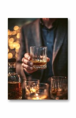 Person Holding Whiskey Glass at Bar with Bokeh Lights