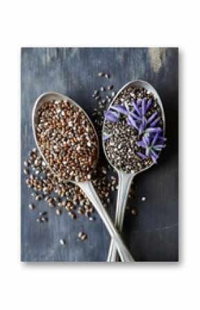 Golden & Black Chia Seeds Spoons Rustic Wood Background