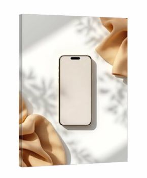 Iphone 16 Mockup Display on White Surface with Cloth and Shadow