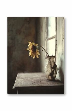 Wilted Sunflower in Vase by Window Still Life Photography