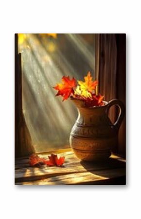 Autumn Leaves in Rustic Pitcher Window Sunlight