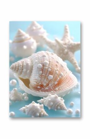 Stunning Seashells and Starfish on Blue Background