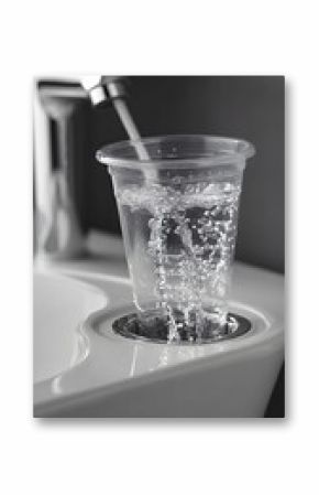 Water Filling Plastic Cup in Modern Bathroom Sink