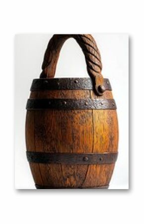 Aged Wooden Barrel with Rope Handle on White Background