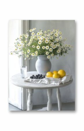 A vase of daisies, lemons, and berries
